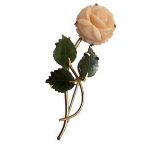Vintage Krementz Glass Or Coral/Jade Flower Brooch (A8154)